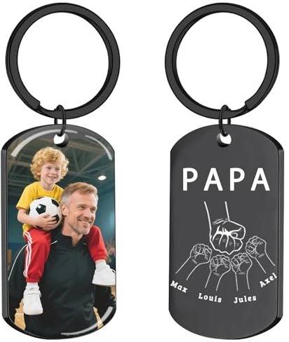Fête des Pères Porte clef Personnalisable Photo, Porte clé Personnalisé avec Photo et Gravure Texte Double Face, Cadeau Fête des Pères pour Papa