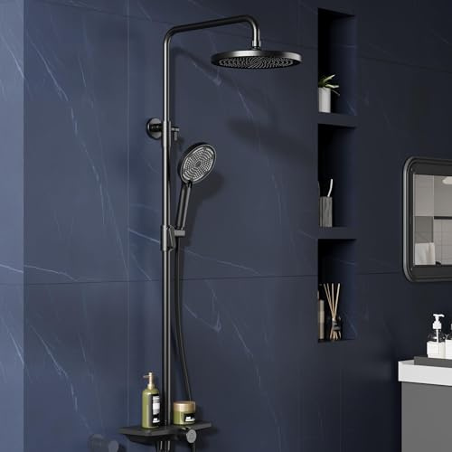 Garvee Duschsystem Mit Duschkopf Edelstahl Verstellbare DuschsäUle Duschstange ÜBerkopfbrause Set Regendusche Ohne Armatur Mit Ablage, Kopfbrause Round 25 cm Schwarz