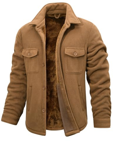 Xnova Veste Doublé en Polaire Chaud Blouson Homme Hiver mi Saison Militaire de Coupe-Vent Épaissir Chemise en Flanelle Manches Longues avec Poches et Boutons, Marron, L