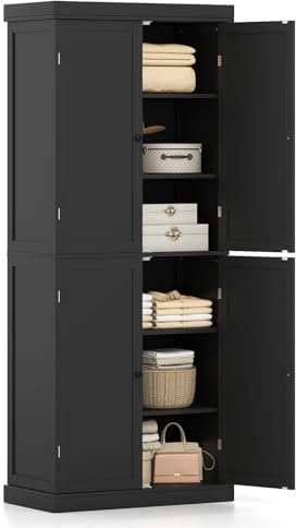 COSTWAY 6 stöckiger Küchenschrank, Hochschrank Küche mit 4 Türen & verstellbaren Regalen, Vorratsschrank freistehend, für Badezimmer, Wohnzimmer, Esszimmer, Büro, 76 x 40 x 184,5 cm (Schwarz)