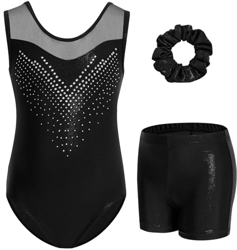 Gogokids Girls' Sleeveless Rhinestone Gym Set, 3 Piece Kids Leotard with Shorts and Hair Tie, Mesh Spliced Neckline Gymnastics Clothing for Girls Age 3-12, Perfect as Gifts