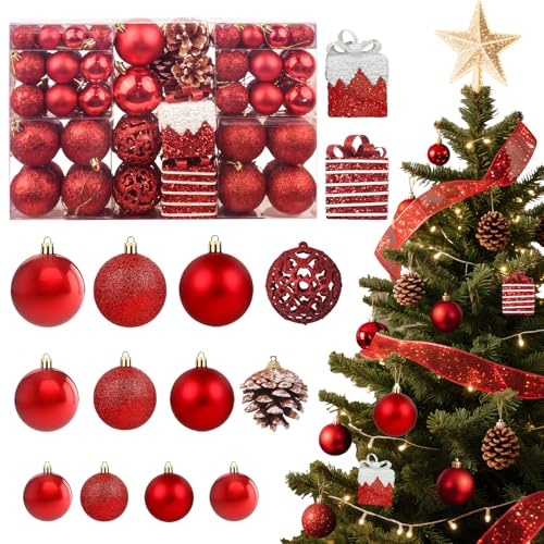 JHWELRG Weihnachtsdeko 101tlg Weihnachtskugeln Set,mit Glitzernd,Weihnachtskugeln Rot Matt,Tannenzapfen Weihnachtsbänder,Weihnachtsbaumkugeln Kunststoff Set für Adventskalender Weihnachtsbaum Deko