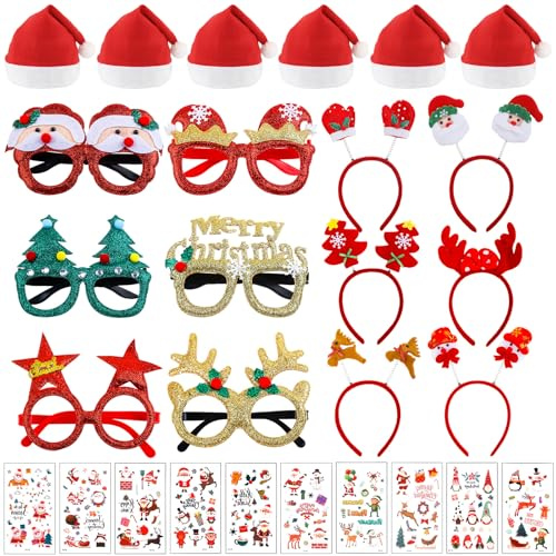 Tantanbear 28 Stück Weihnachts Accessoires, 6 Weihnachtsmützen, 6 Weihnachtsbrillen, 6 Haarreif Weihnachten,10 Tattoos für Weihnachtsfeier, Weihnachten Party Dekoration für Erwachsene und Kinder