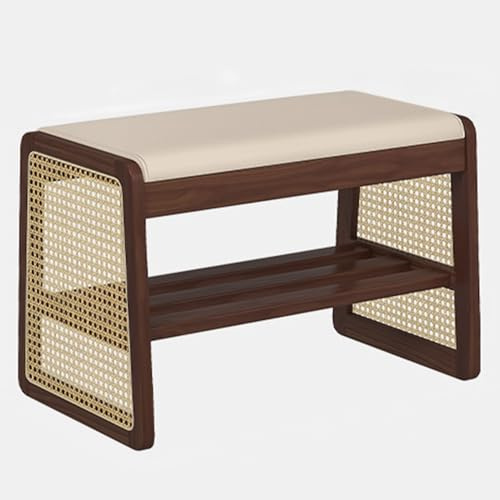 Banco Zapatero con cojín, con Almacenamiento Abierto, diseño de ratán, Resistente, para Entrada, Dormitorio, Sala de Estar y Pasillo (Color Nogal, 80 cm/31,4 Pulgadas)