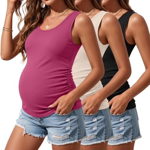 Riyiper Confezione da 3 Canotte Premaman da Donna, Senza Maniche, in Cotone, con Lati in Maglia a Coste e Arricciate(Nero, Rosso Rosa, Albicocca,M)