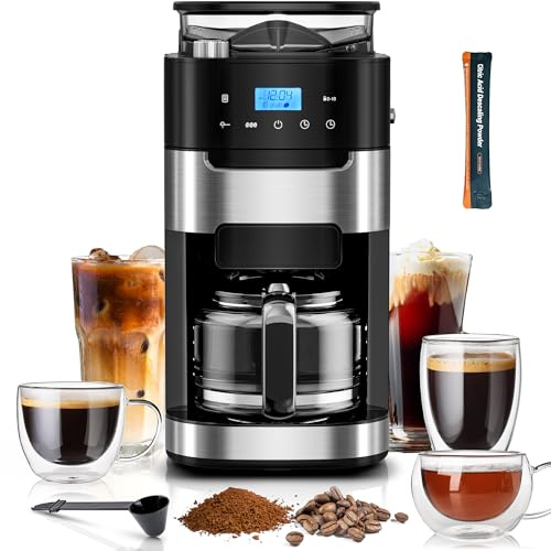 Kismile 10-Cup Digital Drip Coffee Maker with Built-In Grinder, Programmable, 24H Timer, Keep-Warm Function, Customizable Strength & Grind Size, Coffee Machines with Smart LED Touchscreen