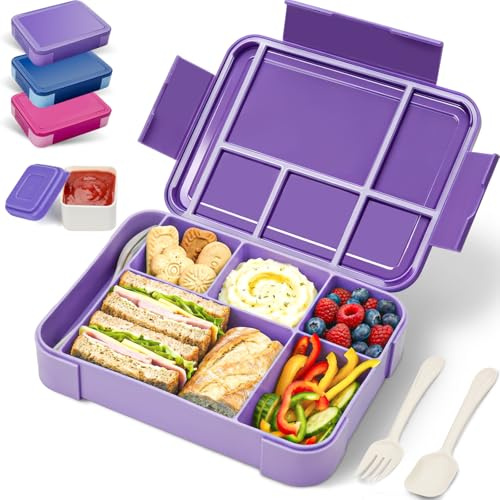 BIBURY Lonchera para niños y adultos, lonchera Bento a prueba de fugas con 5 compartimentos y olla para salsa y cubiertos, sin BPA, apta para microondas y lavavajillas, caja de sándwich para niños y
