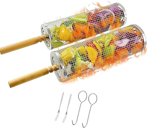 2 Stücke Edelstahl 304 Große Runde Grillkörbe mit Abnehmbarem Holzgriff, Rollender Grillkorb für Gemüse, Fisch, Gemüse, Geschenke für Männer/Papa