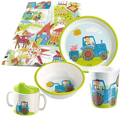 Haba Geschirrset Traktor Melamin Kindergeschirr Geschenkset (4-teilig Trinklerntasse)