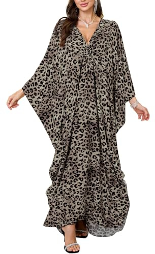 LikeJump Damer bomullstryck kaftan baddräkt kimono täckande lös strandrock maxiklänning, En svart leopard, en storlek