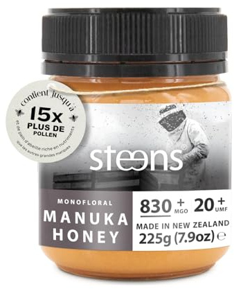 Steens Miel de Manuka - MGO 830+ - 100% certifié Miel Manuka cru pur UMF 20+ - Mis en pot et scellé en Nouvelle-Zélande - Manuka Honey 225 g