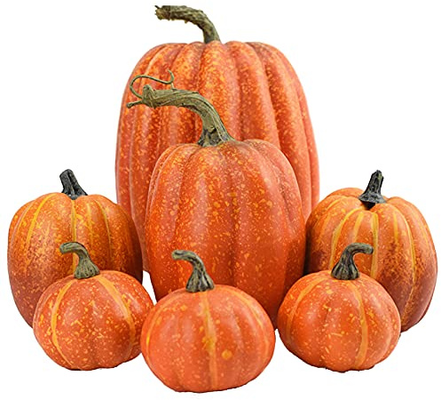 Fall Pumpkin Decor | 7 Large Orange Fake Pumpkin Fall Decorations, Artificial Pumpkins Harvest Faux Foam Pumpkins for Fall Autumn Halloween Thanksgiving Decorations Outdoor