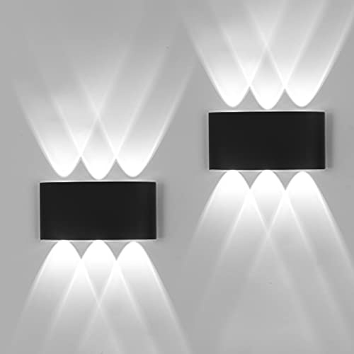 FUPE 2 Piezas Lámparas de Pared Exterior/Interior LED Aplique Pared 12W 1200LM ip65 impermeables up and down lámparas de pared de aluminio modernas que brillan arriba y abajo(Negro 6500k luz fría)