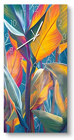 DEQORI Glasuhr | horizontal 30x60 cm | Motiv Exotisches Blättermeer | große XXL Design Uhr aus Glas | leise Wanduhr für Wohnzimmer & Küche | Moderne Hingucker Uhr für die Wand