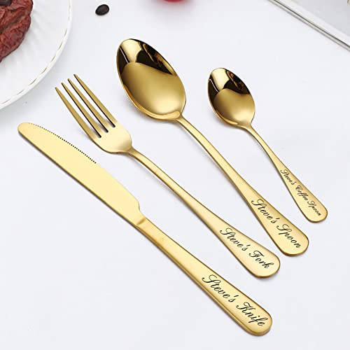 Individuell Graviertes Besteck, Individuelles Geschirrset mit Geschenkbox, Personalisierter Schriftzug, Namensgabel/Messer/Löffel, Edelstahlbesteck, 4-teiliges Set, Edelstahl 304, Gold