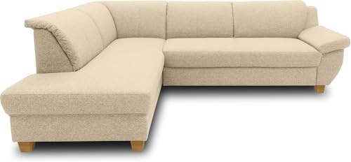 DOMO. collection Ecksofa Panama, Schlaffunktion, beige | Ottomane links mit Schlaffunktion, gepolsterten Armlehnen und Holzfuß, 254 x 186 x 80 cm (BxTxH)