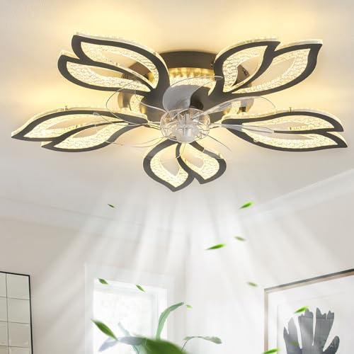 GWYAJTU Lampadario Con Ventilatore Da Soffitto Design E Telecomando, Plafoniera Con Ventilatore Silenzioso LED Dimmerabile, Ventola Lampadario Reversibile 6 Velocità Per Camera Da Letto-Black