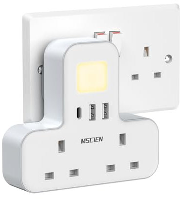 Double Plug Adaptor with USB (1USB-C), MSCIEN Plug Extension Socket Extender with Night Light Multi Plug Adapter, White Plug Adaptor, Wall Socket UK Power Strip for Home, Office