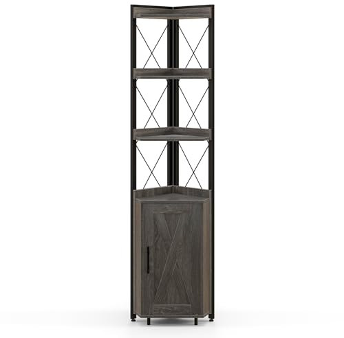 SFAREST 6-Tier Corner Bookcase, Wooden Display Storage Cabinet with Adjustable Shelf & Anti-tipping Device, Home Office Shelving Organizer Unit for Living Room Bedroom Bathroom (Grey)