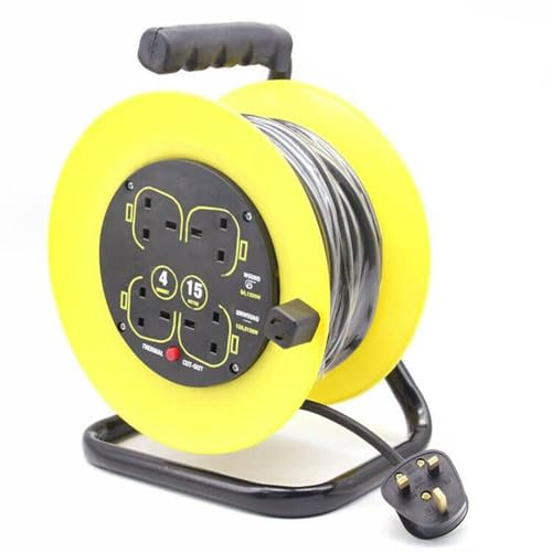 Four Socket Case Cable Reel Extension Lead with Winding Handle, Thermal Cut Out and Power Switch, 15 Metres High Visibility Cable, 13A Fused UK Plug, Yellow