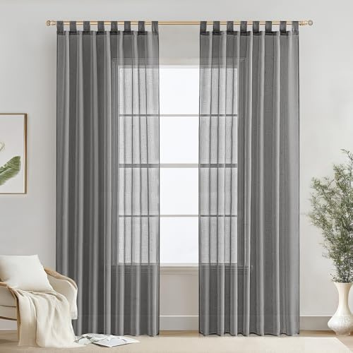 MIULEE Tende voile finto lino passanti 2pz L140xA260 Grigio Scuro | Tende voile traspiranti in finto lino, minimaliste con passanti, adatte per soggiorno e camera da letto