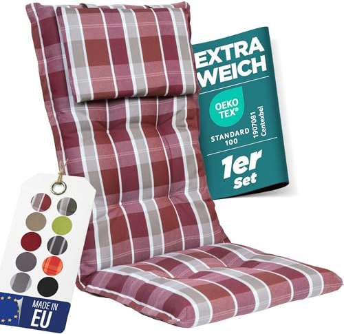 gardisun Gartenstuhlauflagen Hochlehner mit Kopfteil, 1er Set, Rot kariert | Extra Dicke Sitzauflagen, Made in EU, Polsterauflagen für Hochlehner, Auflagen mit extra hoher Lichtechtheit
