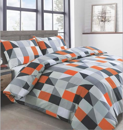 Velosso Geometric Striped Squares Bedding Orange Duvet Cover and Pillowcase Set Non Iron Easycare Quilt Cover and Pillowcase Set (Orange, Single)