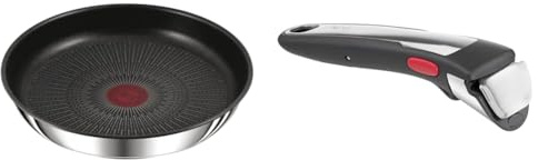 TEFAL Ingenio Preference Poêle 26 cm, Induction, Revêtement antiadhésif, Acier inoxydable & Ingenio Poignée amovible Premium noire, Empilable, Verrouillage sécurité 3 points