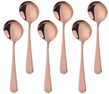 Buyer Star Cucharas soperas de acero inoxidable, 6 cucharas redondas de postre, cubiertos de acero inoxidable, cucharas de 6,3 pulgadas para cereales, avenas, frutas, yogur, lavavajillas (6, oro rosa)