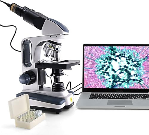 SWIFT SW350B-EC5R-5PBC Durchlicht Bino Lab Mikroskop Set Researcher 40X-2500X Vergrößerung mit 5MP EC5R Okular Kamera und Dauerpräparate Set