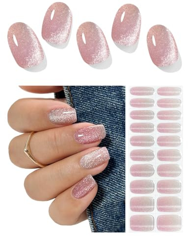 AutyaMee Semi Cured Gel Nail Strips (Pink Omber Cat Eye), 20 Pcs Gel Nail Wraps, Stickers, UV Light Required, Salon Quality, Long Lasting