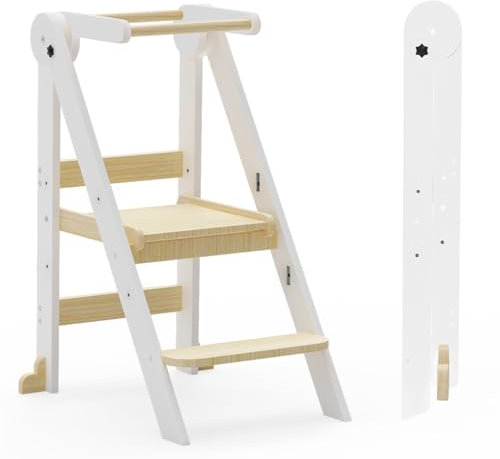 Taleco Gear Foldable Toddler Kitchen Stool Helper, 3 Adjustable Heights Wooden Kids Helper Tower - Collapsible Toddler Stool for Bathroom & Kitchen Safety (Nature)