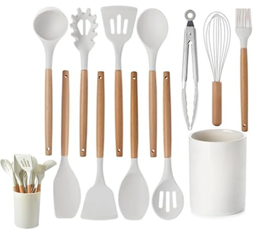 Set di 12 utensili da cucina in silicone con manici in legno, resistenti al calore, antiaderenti, con pinze e spatola, lavabili in lavastoviglie, supporto incluso (beige)