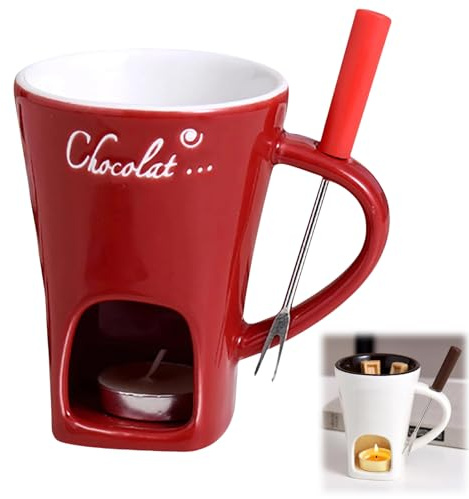 Tazza per fonduta, tazza per fonduta al cioccolato con forchetta e candela, tazza per fonduta, set di tazze per fonduta, per appuntamenti serali, regali di nozze (rosso)