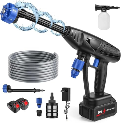 PZCC Nettoyeur Haute Pression sans Fil,30Bar Nettoyeur Haute Pression Portable avec2Batterie24V, Buse 6en1,Tuyau de 5M,Pot en Mousse,Nettoyeur Haute Pression sur Batterie pour Jardin et Voiture (Noir)