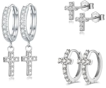 HinDaLi 3 Pairs 925 Sterling Silver Cross Earrings for Women Men Girls Small Diamond Cross Dangle Hoop Studs Earrings Cubic Zirconia Huggie Drop Sleeper Silver Studs Hoops Hypoallergenic