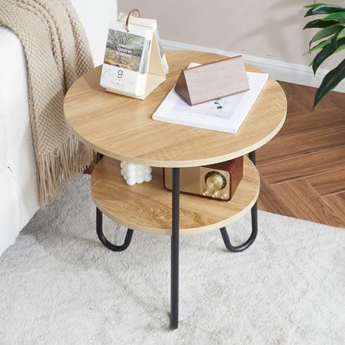 Mingone Beistelltisch Rund Couchtisch Holz mit 2 Etagen Holzfarbe | Holz, Wohnzimmertisch Stylischer, Sofatisch Runder Tisch Kleine (50 cm)