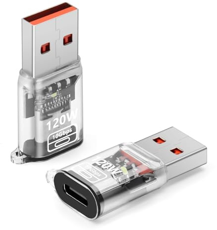 BORLTER CLAMP Adaptador USB a USB C 120w, OTG Adaptador USB 3.2 Hembra a Macho para Portátil, MacBook, U Disk, Disco Duro 2-Pack, Transparente