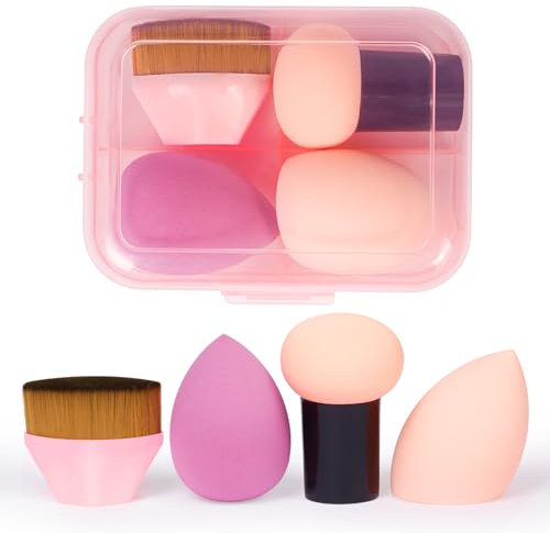 AUAUY 4PCS Makeup Sponges Blender Set, Professional Beauty Sponge Set with Storage Box, 2 Beauty Blenders, 1 Mushroom Powder Puff and 1 Foundation Brush, Dry & Wet Use for Cream, Liquid and Powder