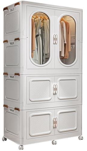 Armadio modulare componibile pieghevole con ruote 198x83x53 cm – armadio plastica bianco panna con modulo trasparente appendiabiti + 2 moduli chiusi – guardaroba salvaspazio per camera letto, casa mar