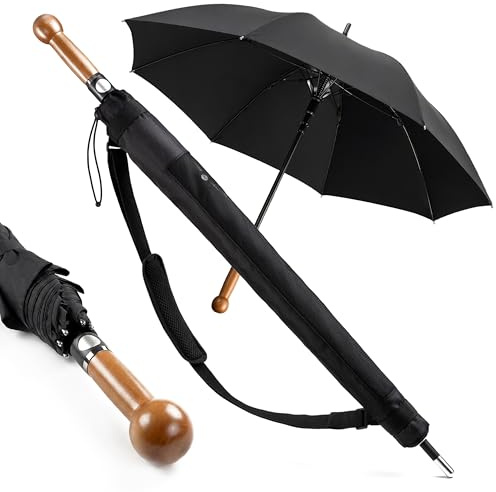 Sicherheitsschirm Selbstverteidigungsschirm XXL – Extrem stabil & nahezu unzerbrechlich – Fiberglas-Kern – Massivholzgriff – Sturmfest für 2 Personen – Regenschirm Selbstverteidigung schwarz