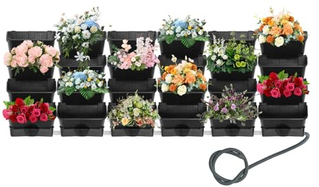 UESUENYENS 24-Töpfe Wand-Montierter Pflanzrahmen mit 6 Drainage-Schalen– Automatisches Tropfbewässerungssystem, Hängende Pflanztaschen mit 2 m langem Drainagerohr,für Garten, Terrasse (24, Schwarz)