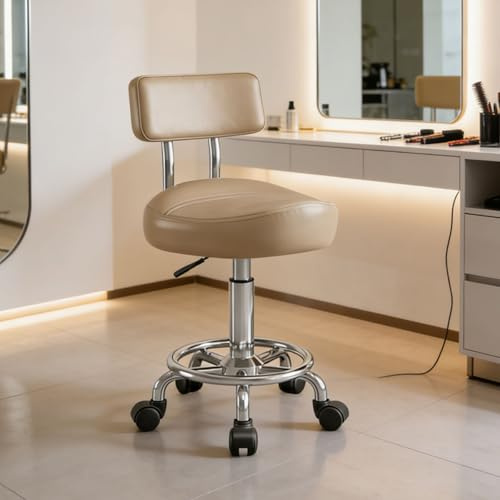 Timbertouch Saddle Stool with Back and Ring Pedal, Adjustable Hydraulic Rolling Chair with Wheels for Salon, Spa, Medical, Massage & Drafting Use Khaki
