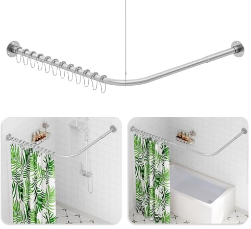 Duschvorhangstange L Form, (60-135cm) × (60-135cm) Verstellbare Duschstange L Form, Duschstange Ecke mit 12 Ringen & Deckenstütze für Badezimmer, Bohren Erforderlich - Silber