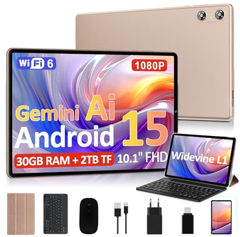 Biegedy 2026 Dernier Tablette 10 Pouces Android 15 avec Gemini AI, 30GO RAM (2TO TF), Octa-Core, 5G WiFi 6, Widevine L1, GMS, GPS, BT 5.0, 6000mAh, 5MP+8MP, Tablette avec Clavier+Souris et Cas - Or