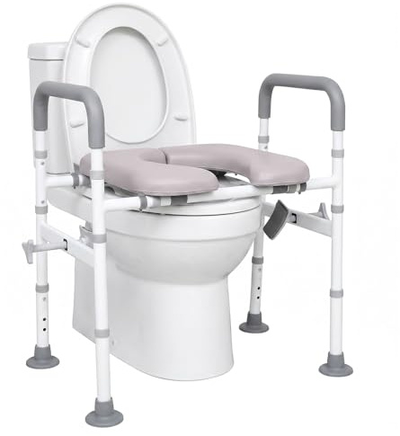Raised Toilet Seat with Handles, 150kg Heavy Duty, Height & Width Adjustable Toilet Frame for Elderly & Disabled, Padded Toilet Seat Riser, Fits Any Standard UK Toilet (Beige)