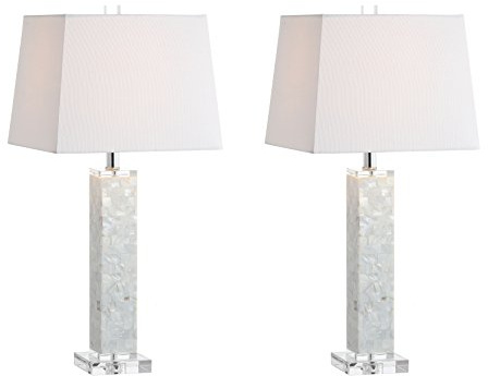 JONATHAN Y 28.5 White Mother-of-Pearl Seashell LED Table Lamp Set of 2, Coastal Contemporary Mosaic Pillar for Living Room, Crystal Base, White Linen Shade, LED Bulbs Included JYL1053A-SET2