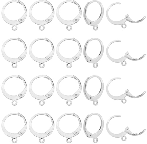 PandaHall 50 Pcs 304 Edelstahl Hebel Zurück Ohrring Haken Ohrstecker mit offener Schleife 14.5x12x2mm für DIY Ohrring Schmuck Herstellung, Edelstahl Farbe