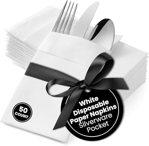 AMERICAN HOMESTEAD Pocket Dinner Napkins – 50 Pack, 15.75 x 15.75 Linen-Feel Airlaid Paper – Pre-Folded with Silverware Pocket – Disposable Wedding & Party Napkins (White)