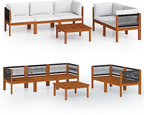 vidaXL 6-TLG. Garten-Lounge-Set mit Kissen Cremefarbenes Holz Akazie & Seil